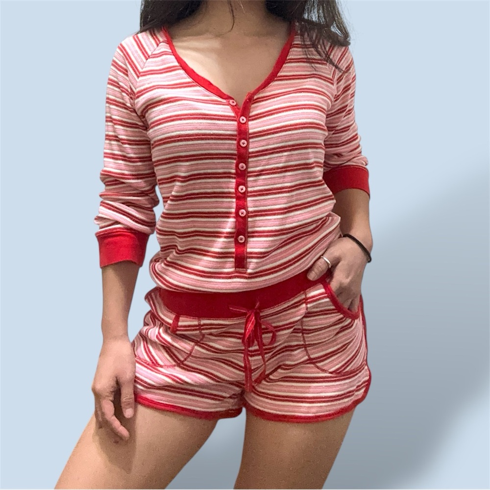 Victoria's Secret Red Pink & White Striped Pajama Romper